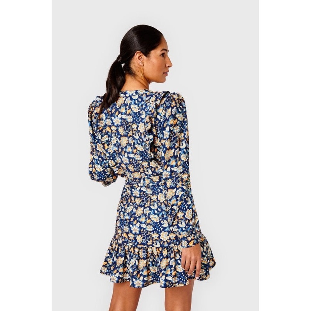 Cartolina Allyson Blue Floral Long Sleeve Ruffle Mini Dress XL Yellow White - Picture 2 of 9